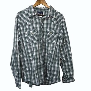 Wrangler Western Plaid Snap Shirt – XL – Pearl‎ Snaps, Blue/Green Gray Check